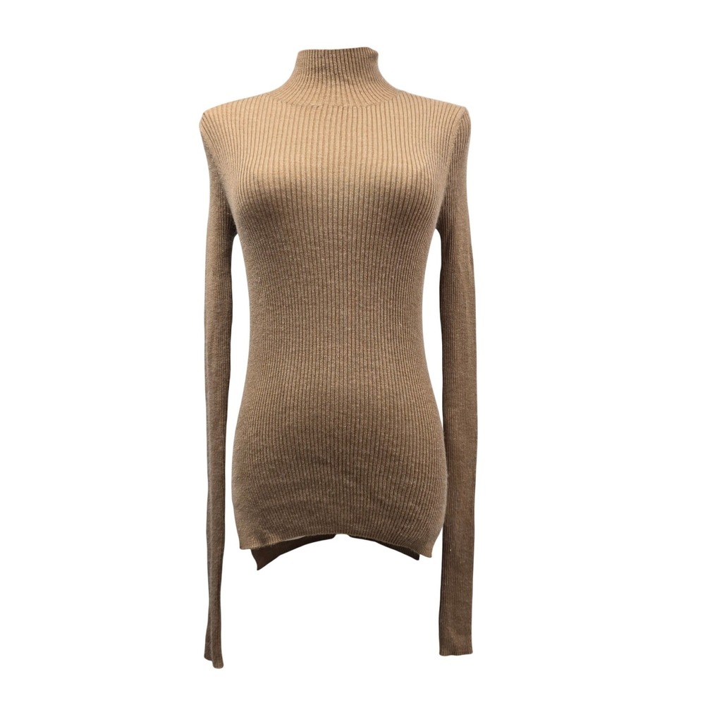 Lattelier Cashmere Wool Mock Neck Sweater Women S Tan Ribbed Knit Casual Luxury
